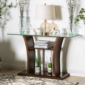 lot 34262 image: Furniture of America Adrian Contemporary Dark Cherry Glass Sofa Table- Retail$261.49
