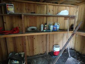 lot 38008 image: Lot of Misc. Garage Items-- Caulk, Denatured Alcohol, Rubber Boots, Etc