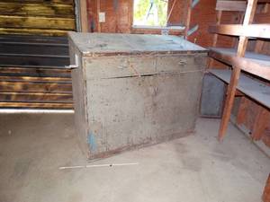 lot 38043 image: Old wood shop table w under storage