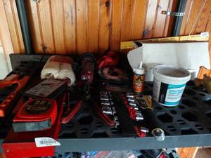 lot 38169 image: Contents of Second Shelf-- Paint Rollers, Hand Tools, Sockets, Etc