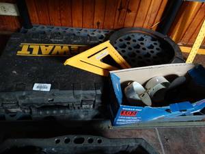 lot 38171 image: Contents of Bottom Shelf-- DeWalt Drill with 2 18-Volt Batteries and Charger, Assorted Blades, Etc