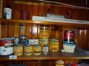 lot 38174 image: Lot of Wood-Finish, PaintPrimer, Blinds, Etc