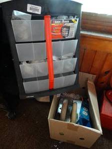 lot 38181 image: Black & Decker Flip Bin with Assorted Hardware and Tiling Tools