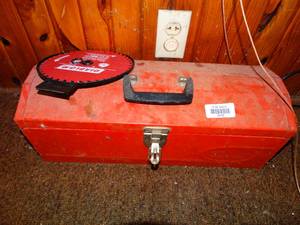 lot 38182 image: Red Metal Toolbox with Oatey Handy Pack, Diablo Blade, Etc