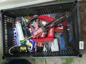 lot 38301 image: Black Plastic Crate with Misc. Hand Tools