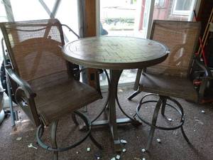 lot 38297 image: High Top Patio Table with Pair of Swivel Outdoor Chairs