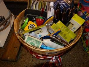 lot 38273 image: Basket with Misc. Home Goods-- Letter and Number Kit, Key Hanger, Tape Measure, Etc