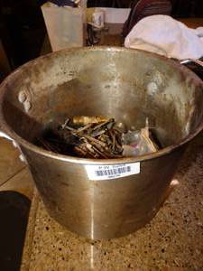 lot 38276 image: Large Pot with Misc. Hardware