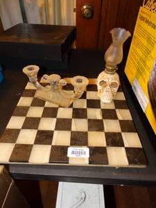 lot 38253 image: Skull oil lamp & glass double candle holder