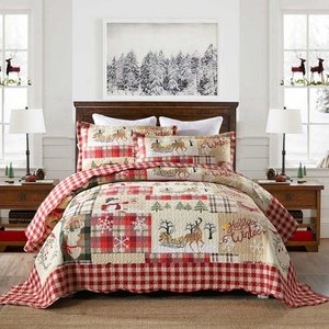lot 19461 image: MarCielo 3 Piece Christmas Rustic Lodge King Size Deer Quilted BedspreadQuilt