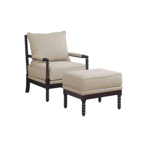 lot 19641 image: Best Master Furniture BeigeEspresso Upholstered Wood Armchair and Ottoman- Retail$577.99