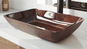 lot 19724 image: VIGO Russet Rectangular Glass Vessel Bathroom Sink- Retail$109.90