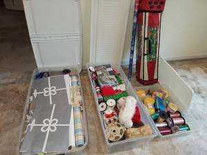 lot 1427 image: 3 tubs with gift wrap paper and ribbon