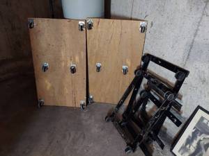 lot 5406 image: 2 Wood Dollys and Metal File Cabinet Dollys