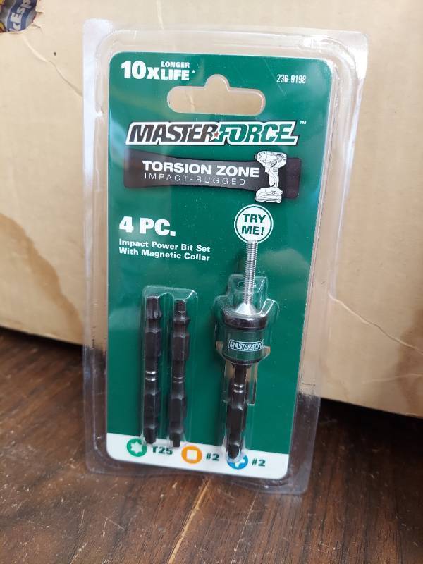 lot 7048 image: 4 Pc Impact Power Bit Set with Magnetic Collar - T25, S2 and #2 Phillips