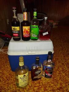 lot 1013 image: Rubbermaid Cooler with Opened Bottles