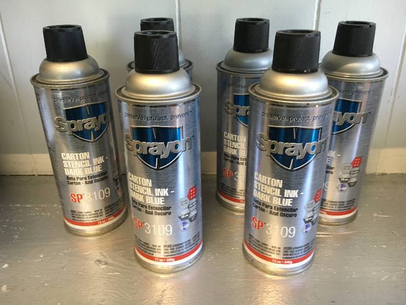 lot 150 image: LOT OF 5 SPRAYON CARTON STENCIL INK DARK BLUE