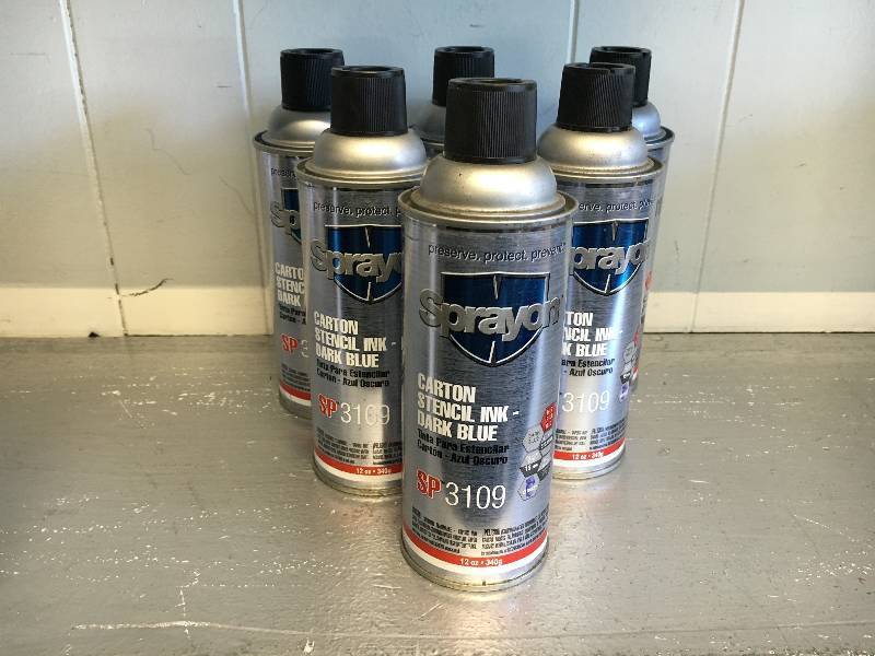 lot 166 image: LOT OF 6 SPRAYON CARTON STENCIL INK DARK BLUE