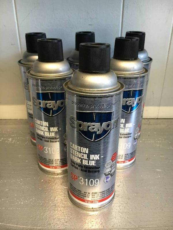 lot 167 image: LOT OF 6 SPRAYON CARTON STENCIL INK DARK BLUE