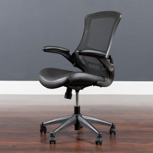 lot 2826 image: Flash Furniture Mid-Back Black Leather Soft Swivel Ergonomic Task Office Chair with Flip-Up Arms