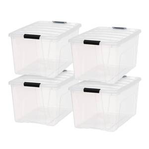 lot 2859 image: IRIS 4pk 72qt Stack and Pull Box Clear with Black Buckle