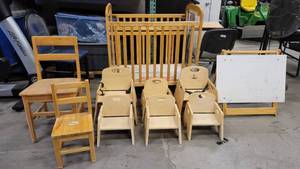 lot 1143 image: 10 Piece Daycare Preschool Starter Lot Includes 8 Chairs (Assortment of Sizes), Wooden Crib and White Board Stand