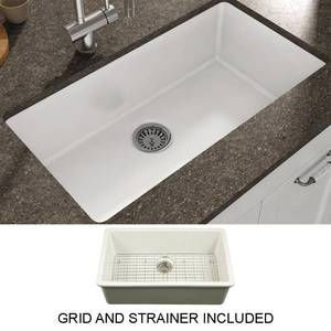 lot 56026 image: Yorkshire Undermount Fireclay 31.5 x 18.3 Single Bowl Kitchen Sink with Grid and Strainer in White- Retail$373.49
