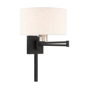 lot 21019 image: Livex Lighting 1-Light Oatmeal Drum Shade Swing Arm Wall Lamp - 11 w x 11 h x 24.25 d inches, Bronze Finish