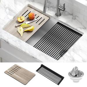 lot 56138 image: KRAUS Bellucci White Granite Composite 29 in. Single Bowl Undermount Workstation Kitchen Sink with Accessories
