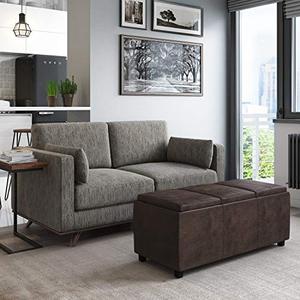 lot 35201 image: SIMPLIHOME Avalon 42 inch Wide Rectangle Storage Ottoman in Upholstered Distressed Brown Faux Leather, Coffee Table for the Living Room, Bedroom, Contemporary