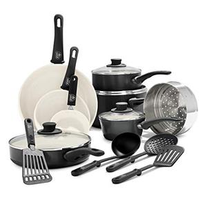 lot 35263 image: GreenLife Soft Grip Healthy Ceramic Nonstick, Cookware Pots and Pans Set, 16 Piece, Black & Cream