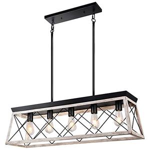 lot 35319 image: Merbotin Farmhouse Kitchen Island Light, 5-Light Distressed White Wood Finish Rustic Dining Table Chandelier Ceiling Light Hanging for Dining Room, Kitchen Island - Grain White Wood Finish