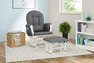 lot 35340 image: Storkcraft Premium Hoop Glider and Ottoman (White Base, Gray Cushion) Padded Cushions with Storage Pocket, Smooth Rocking Motion, Easy to Assemble, Solid Hardwood Base