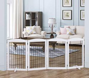 lot 35348 image: Spirich Free Standing Foldable Wire Pet Gate for Dogs, 80 inches Extra Wide, 30 inches Tall 4 Panels Dog Gate for the Houes, Doorway, Stairs, Pet Puppy Safety Fence,Set of Support Feet Included, White