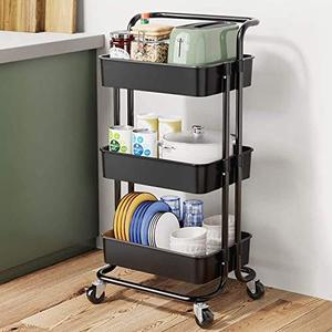 lot 35383 image: LadyRosian 3 Tier Rolling Storage Cart - Kitchen Cart with 2 Baskets & 4 Hooks - Storage Cart with Handle and Locking Wheels, for Home Party Bathroom Office Balcony (Black)
