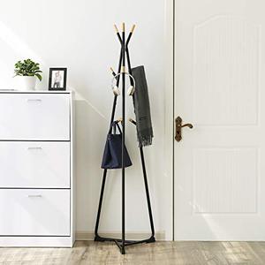 lot 35388 image: SONGMICS Coat Rack Stand, Coat Tree, Hall Tree Free Standing, with 9 Beech Wood Hooks, for Clothes, Hat, Bag, Black, Natural Grain