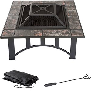 lot 35393 image: Fire Pit Set, Wood Burning Pit - Includes Screen, Cover and Log Poker - Great for Outdoor and Patio, 33 inch Square Marble Tile Firepit by Pure Garden