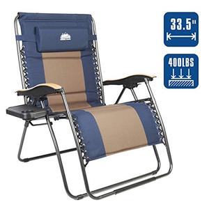 lot 35394 image: Coastrail Outdoor Oversized Zero Gravity Chair Wood Armrest Padded XXL Folding Patio Lounge Adjustable Recliner with Cup Holder & Side Table, 400lbs Weight Capacity, Blue&Brown