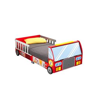 lot 35401 image: KidKraft Fire Truck Wooden Toddler Bed with Guard Rails, Childrens Furniture - Red, Gift for Ages 15 mo
