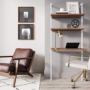 lot 35409 image: Nathan James Theo 2-Shelf Industrial Wall Mount Ladder, Small Computer or Writing Desk, Rustic OakWhite