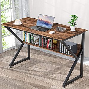 lot 35436 image: NOBLEWELL Computer Desk with Bookshelf, 47 Inches Computer Writing Desk with Storage,Wood and Metal Frame Desk for Home Office Study Gaming, Vintage Brown