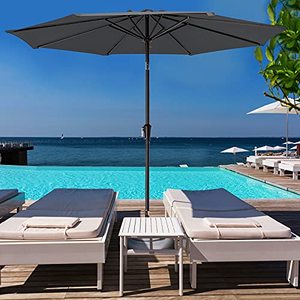 lot 35531 image: KITADIN Patio Umbrella 9 Ft Outdoor Market Table Umbrellas with Push Button Tilt, Crank Lift, 8 Sturdy Square Ribs for Garden, Lawn, Backyard, Pool (Grey)
