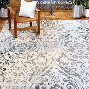 lot 35551 image: Home Dynamix Nicole Miller Patio Sofia Juniper IndoorOutdoor Area Rug 53x72, Distressed Damask IvoryGray