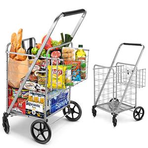 lot 35456 image: Shopping Cart, Jumbo Double Basket Grocery Cart 330 lbs Capacity Folding Shopping Cart with 360° Rolling Swivel Wheels Super Loading Utility Shopping Cart for Laundry, Shopping, Grocery, Luggage