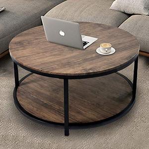 lot 35474 image: NSdirect 36 inches Round Coffee Table, Rustic Wooden Surface Top & Sturdy Metal Legs Industrial Sofa Table for Living Room Modern Design Home Furniture with Storage Open Shelf (Light Walunt)
