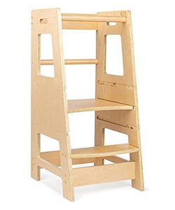 lot 35621 image: KidzWerks Child Standing Tower - White Finish Child Kitchen Step Stool with Adjustable Standing Platform - Wooden Montessori Standing Tower for Toddlers - Kids Kitchen Step Stool