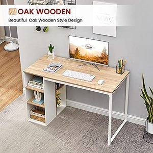 lot 35627 image: Computer Desk with Storage Shelves 47�� White Office Desk with Drawers Small Kids Writing Desk Student Study Table Modern Wood Pc Laptop Gaming Desk for Home Work, Splicing Oak with Metal Legs