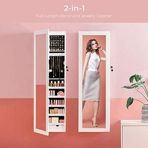 lot 35629 image: SONGMICS 6 LEDs Mirror Jewelry Cabinet, 47.3H Lockable WallDoor Mounted Jewelry Armoire Organizer with Mirror, 2 Drawers, White UJJC93W