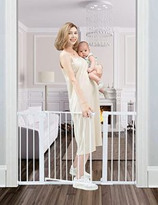 lot 35632 image: Tokkidas 51.6-Inch Extra Wide Baby Gate, Auto Close Metal Pet Gate, Pressure Mounted Dog Gate for Stairs & Doorways, Baby Gate with Door Easy Step NO Need Tools NO Drilling, Adjustable Size (White)