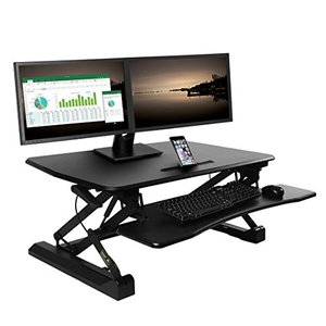 lot 39485 image: Seville Classics Airlift Height Adjustable Sit Converter Workstation Standing Ergonomic Dual Monitor Riser Keyboard Tray & PhoneTablet Holder, Full Desk 35, Black